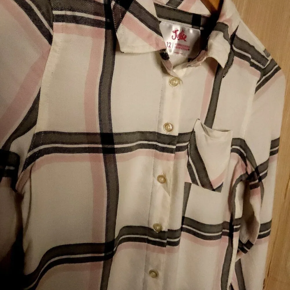 Justice Girls Ivory Pink Plaid Soft Button Down Shirt 12